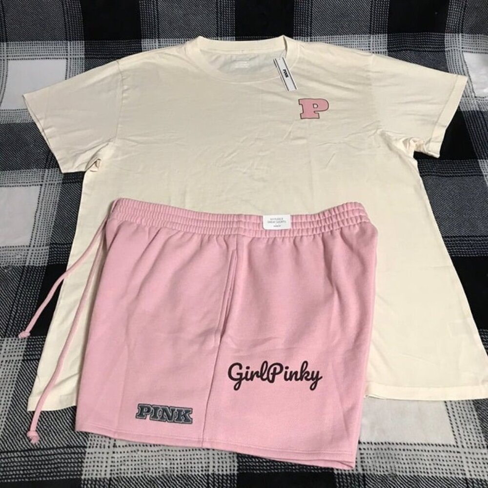 VS PINK shorts OUTFIT & TEE LIMITED EDITION CHALK ROSE/WHITE SHELL LOGO XXL
